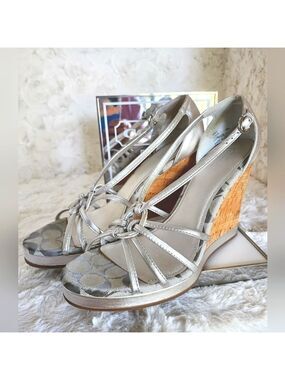 NWOT Coach Silver Joslin Silver Leather & Cork Wedges Sz 10